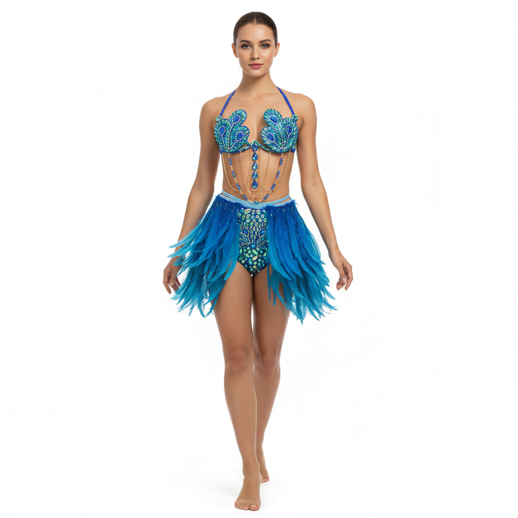 Samba Carnival Handmade Wire Bra And High Waist Bottom With Feather Mini Skirt For Carnival Costumes