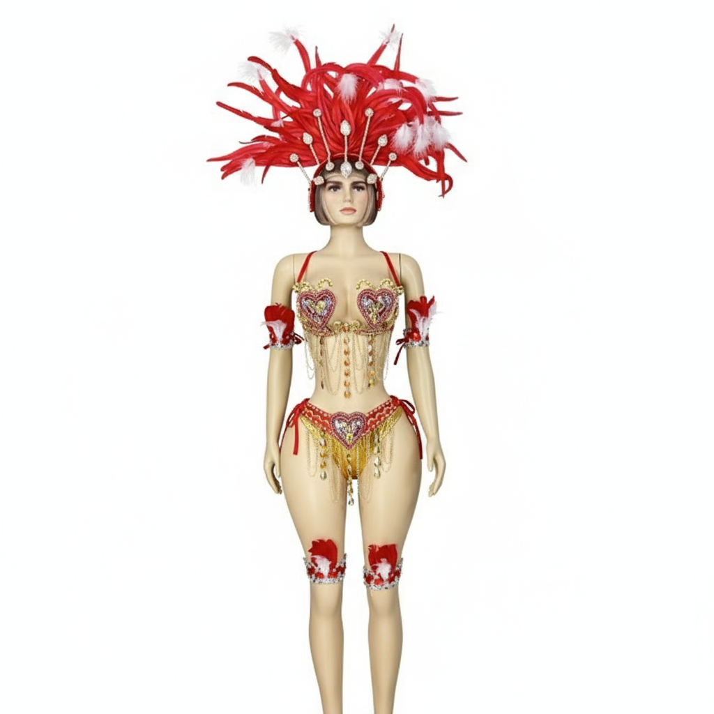 Samba Carnival Belly Wire Bra Belt  and Panty With feather head piece Hand Beads Passista Pageant Cabaret Broadway Theater Mardi Gras,Vegas Showgirls CF1721-2
