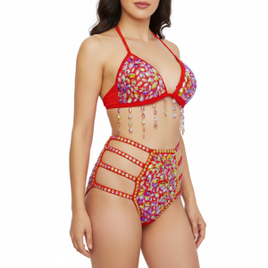 Samba Carnival Bikini And Panty Rainbow Stone Red color Handmade 2 piece BP037