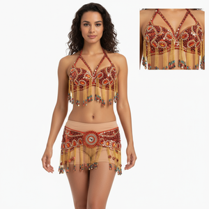 Women's Beaded Belly Dance Costume Top Bar+Belt 2pcs Set Bellydance Clothes Sexy Night Stage Dancewear Carnival Costume TF1411