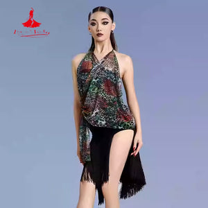 Latin Dance Dress Women's Black & Animal Print Fringe Halter Top, Sleeveless, Asymmetrical Hem, Polyester Blend, Rumba, Cha Cha, Samba