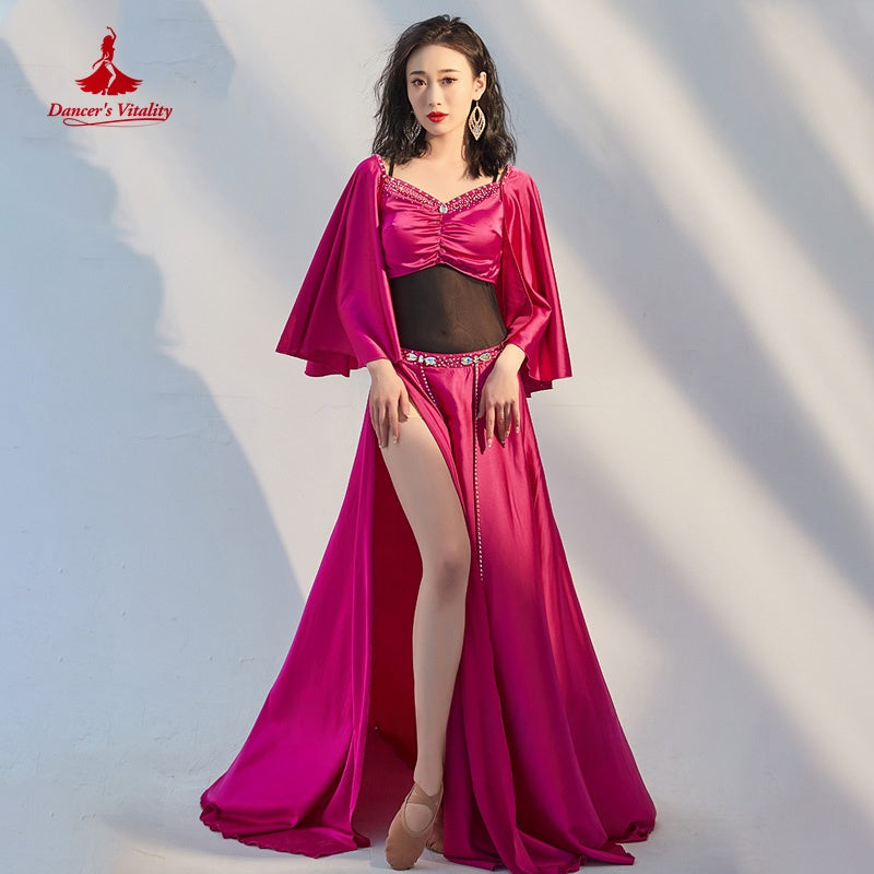 Belly Dance Costume Women's Magenta Satin Long Sleeve Top and High Slit Skirt Set with Rhinestone Trim