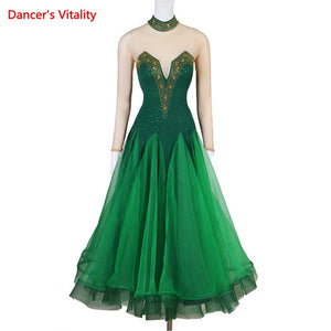 Ballroom Dance Dress Women's Green Mesh Long Sleeve Embellished Gown Standard Waltz Tango Competition Costume