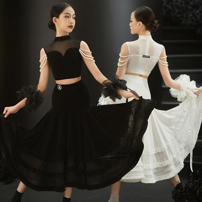 Girls Black & White Velvet Mesh Pearl Ballroom Dance Dress