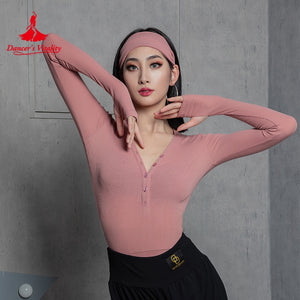 Women's Pink Ribbed Long Sleeve V-Neck Bodysuit with Thumbholes, Latin Ballroom Dance