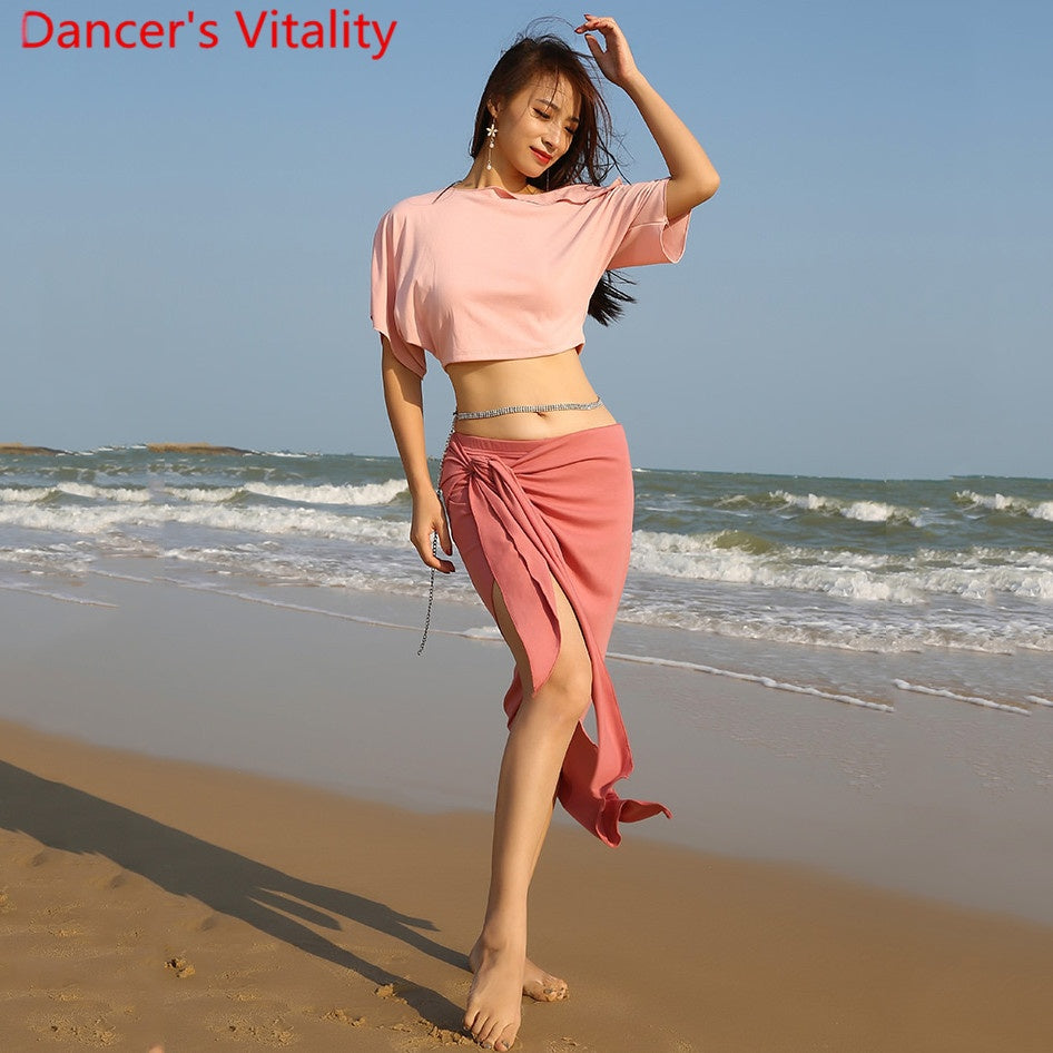 Women's Pink Crop Top and Ruched Slit Skirt Set with Rhinestone Waist Chain for Belly Dance