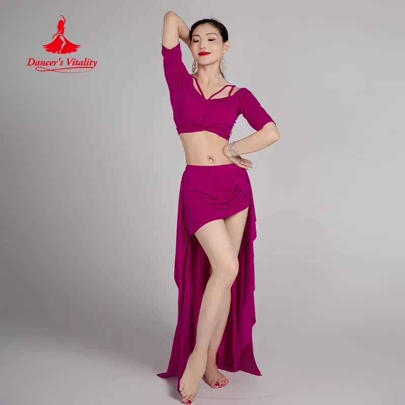 Women's Magenta V-Neck Crop Top and High-Low Skirt Set with Ruched Details for Belly Dance