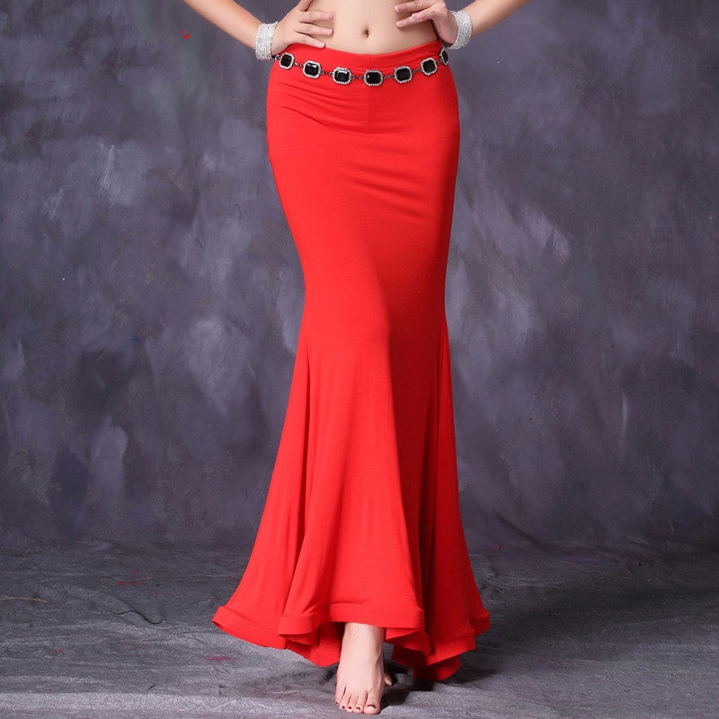 Belly Dance Skirt Women's Red Mermaid Maxi Skirt with Black Stone Belt for Performance
