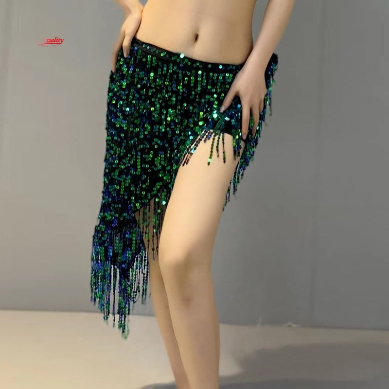 Belly Dance Hip Scarf, Women's Green Sequin Tassel Fringe Wrap Skirt, Asymmetrical Latin Dance Belt
