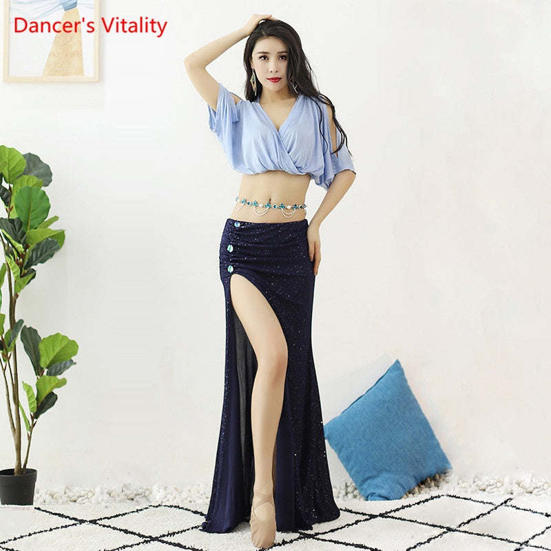 Women's Light Blue Crop Top & Navy Sequin Slit Skirt Belly Dance Costume