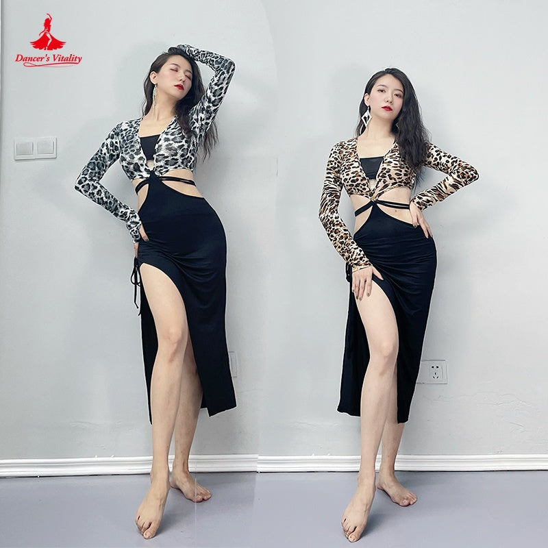 Women's Leopard Print Long Sleeve Crop Top & Black Slit Skirt Set - Latin Dancewear