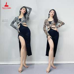 Women's Leopard Print Long Sleeve Crop Top & Black Slit Skirt Set - Latin Dancewear