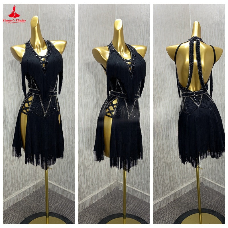 Latin Dance Dress Women's Black Fringe Halterneck Open Back Rhinestone Sequin Performance Costume