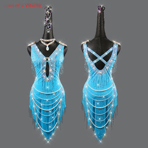 Latin Dance Dress Women's Blue Rhinestone Fringe Pearl Beaded V-Neck Backless Sleeveless Ballroom Salsa Rumba Performance Dress