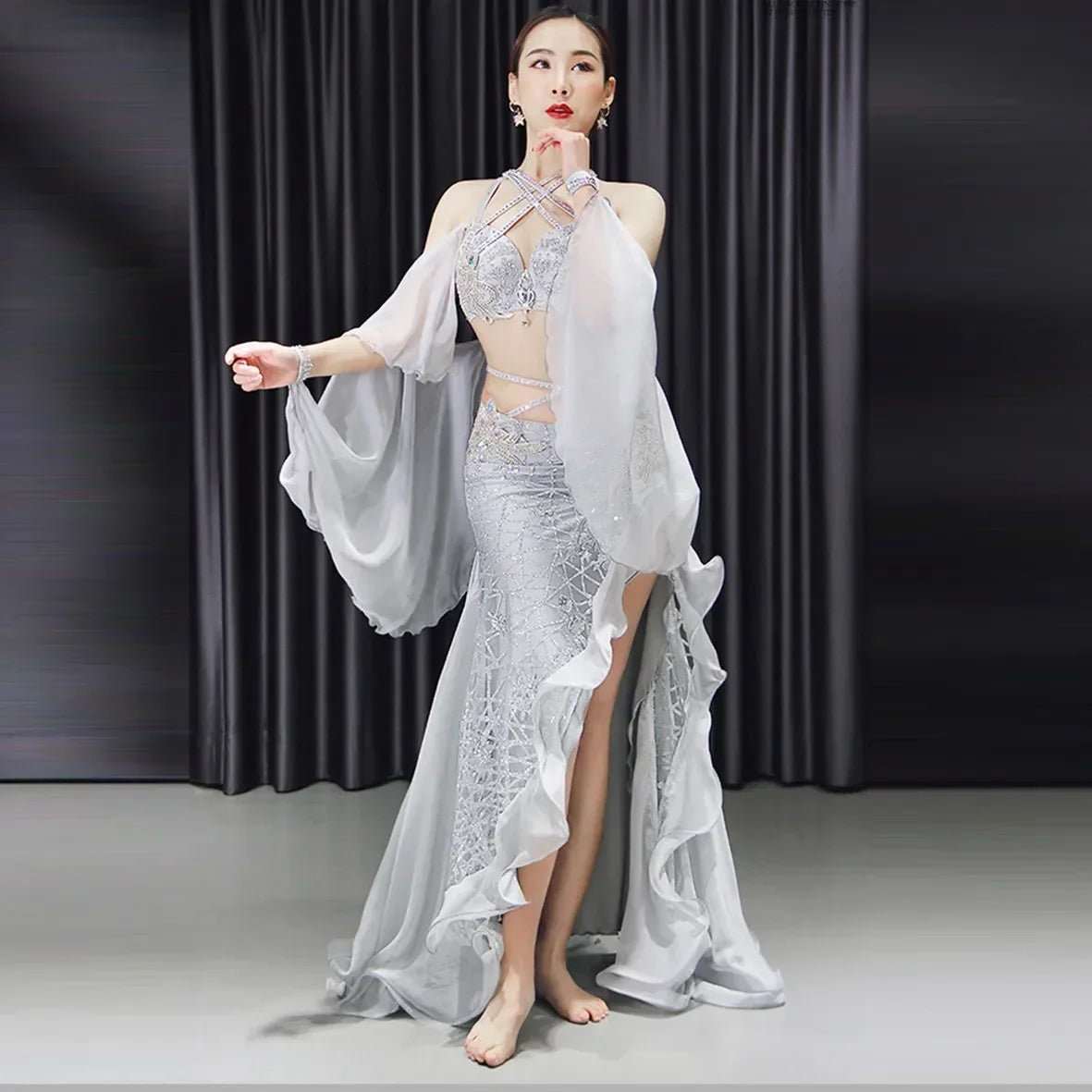 Belly Dance Costume Women's Silver Sequin Halter Top Chiffon Sleeve Slit Skirt Set, Adult