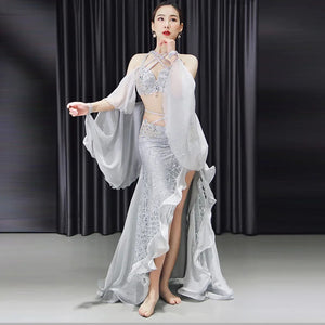 Belly Dance Costume Women's Silver Sequin Halter Top Chiffon Sleeve Slit Skirt Set, Adult
