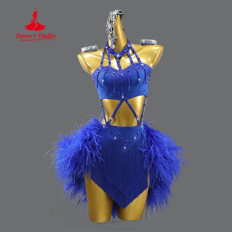 Dance Dress Women's Royal Blue Rhinestone Feather Fringe Latin Ballroom Dance Costume
