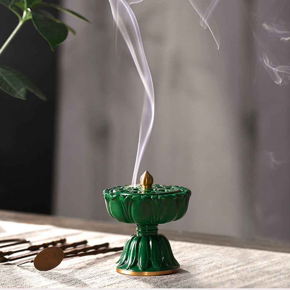 Antique Lotus Brass Incense Burner for Meditation