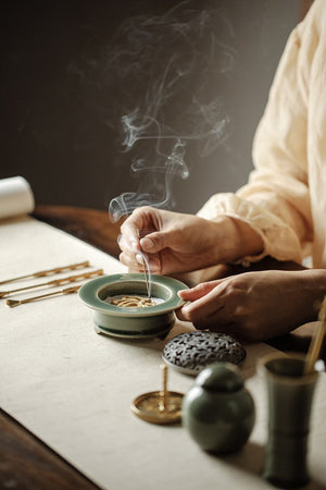 Traditional Green Chinese Glazed Ceramic Incense Burner Set