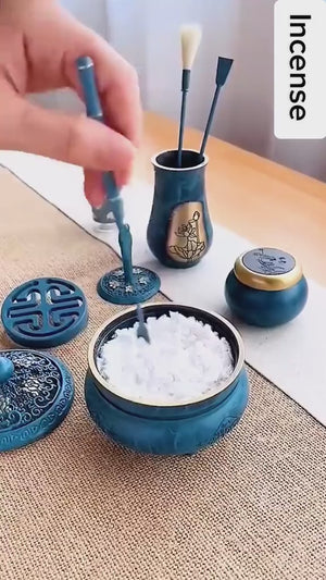 Blue and White Brass Incense Burner Set